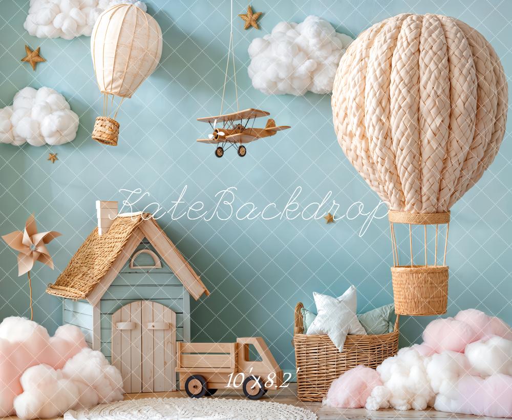 Kate Hot Air Balloon Aeroplane Cloud House Blue Backdrop Designed by Emetselch