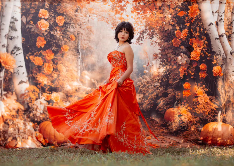 Kate Autumn Backdrop Maple Forest Flowers Pumpkin Designed by Emetselch