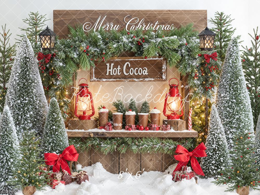 Kate Christmas Hot Cocoa Stand Snowy Trees Backdrop Designed by Emetselch - Kate Backdrop AU