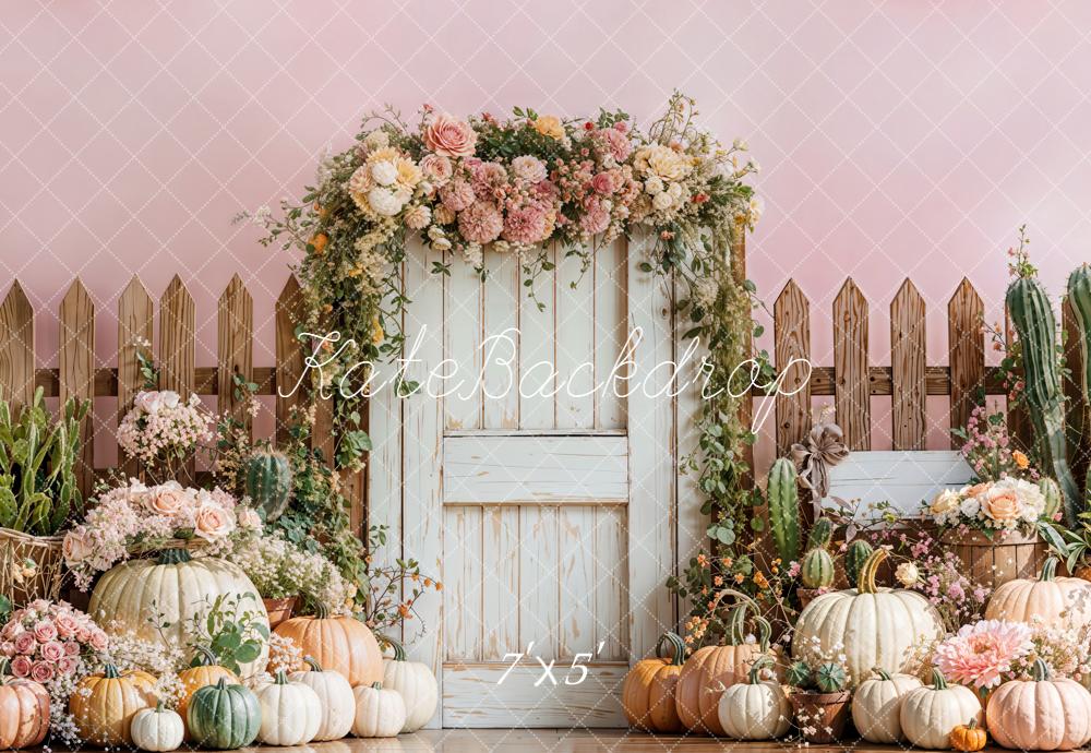 Kate Flower Arch Pumpkins Rustic Fence Pink Backdrop Designed by Emetselch - Kate Backdrop AU