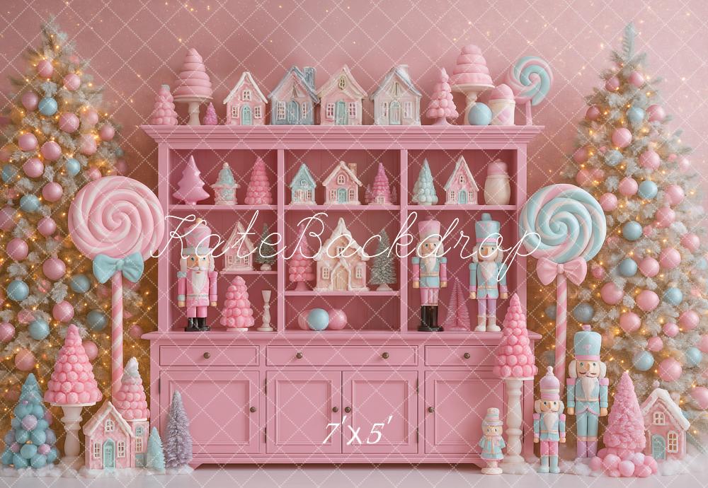 Kate Christmas Pink Candy Nutcracker Trees Backdrop Designed by Ashley Paul