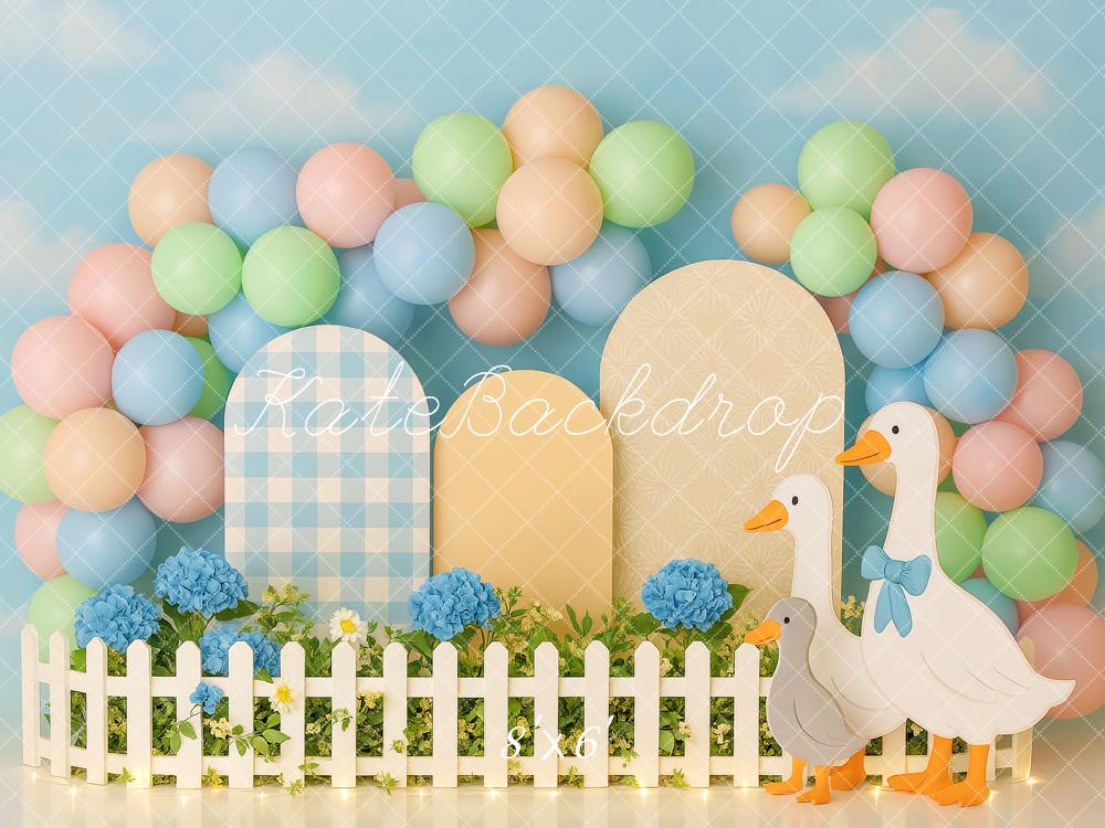 Kate Pastel Balloons Blue Hydrangea Geese Fence Backdrop Designed by Patty Roberts