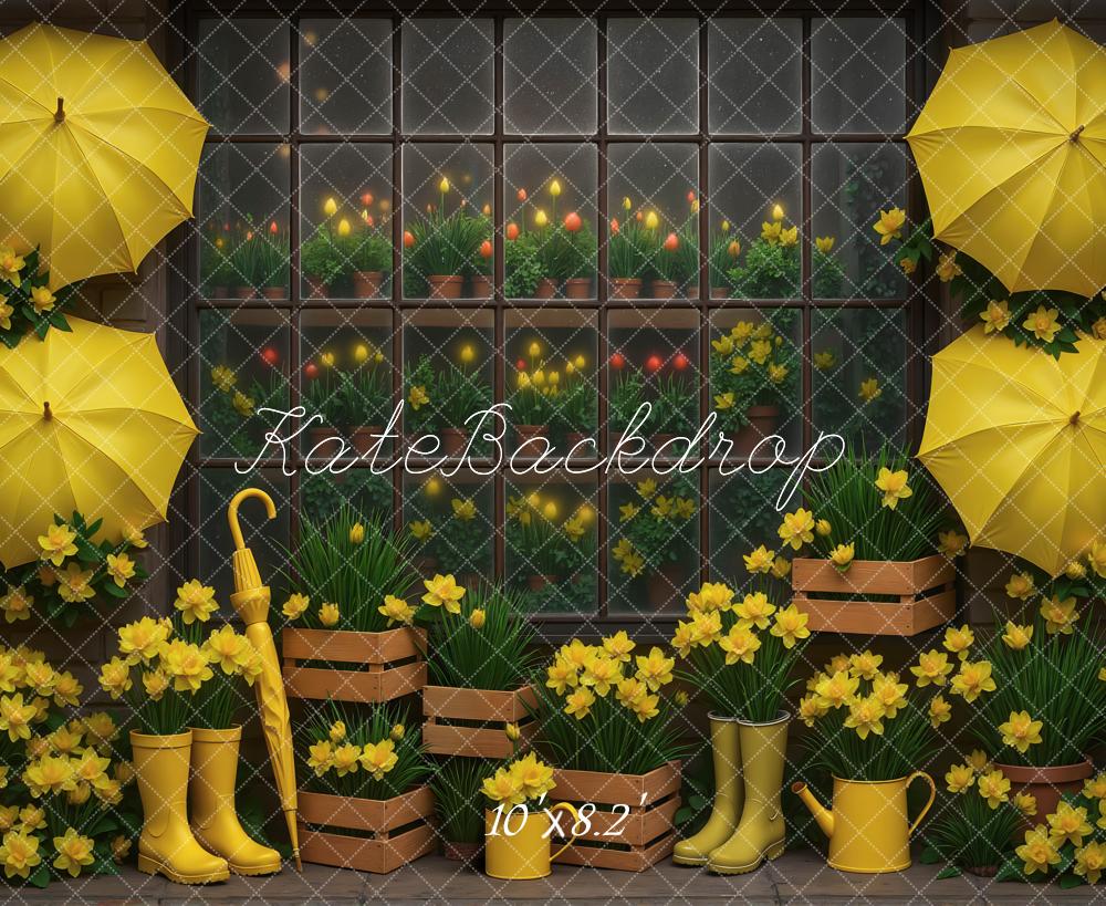 Kate Yellow Umbrellas Daffodils Window Backdrop Designed by Mini MakeBelieve