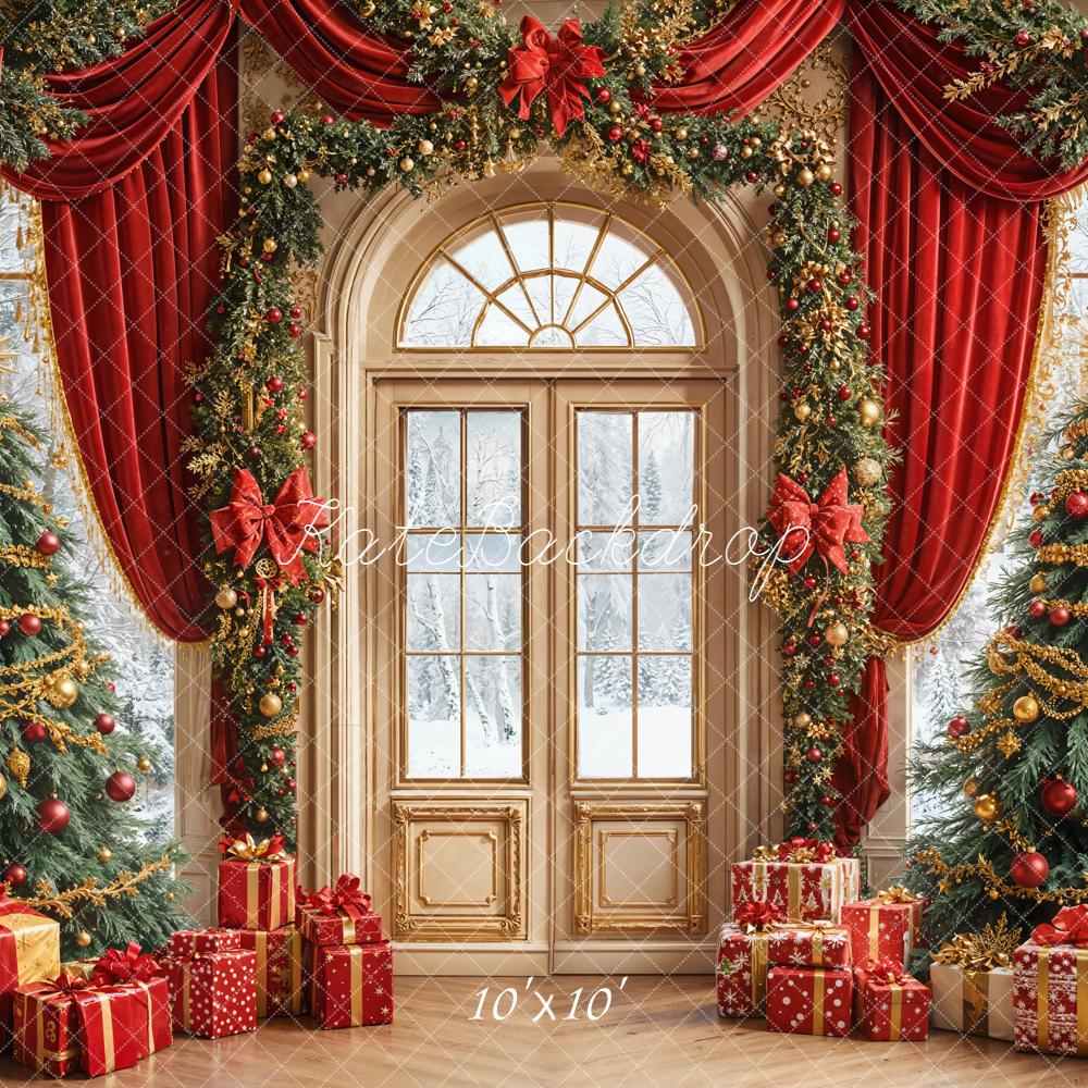 Kate Christmas Trees Red Curtains Presents Backdrop Designed by Emetselch
