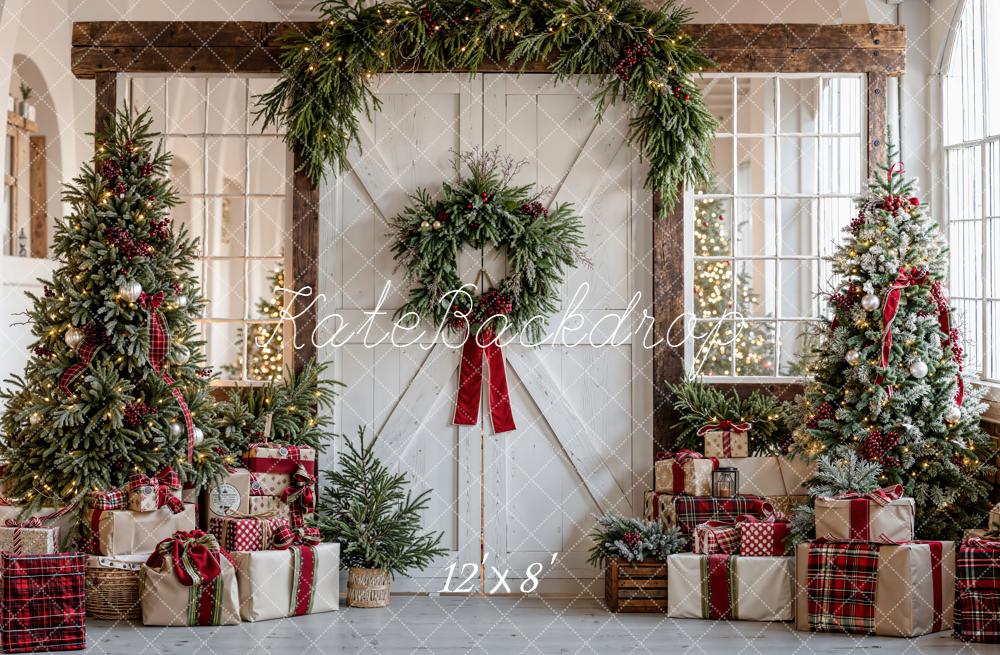 Kate Christmas Barn Door Trees Presents Backdrop Designed by Chain
