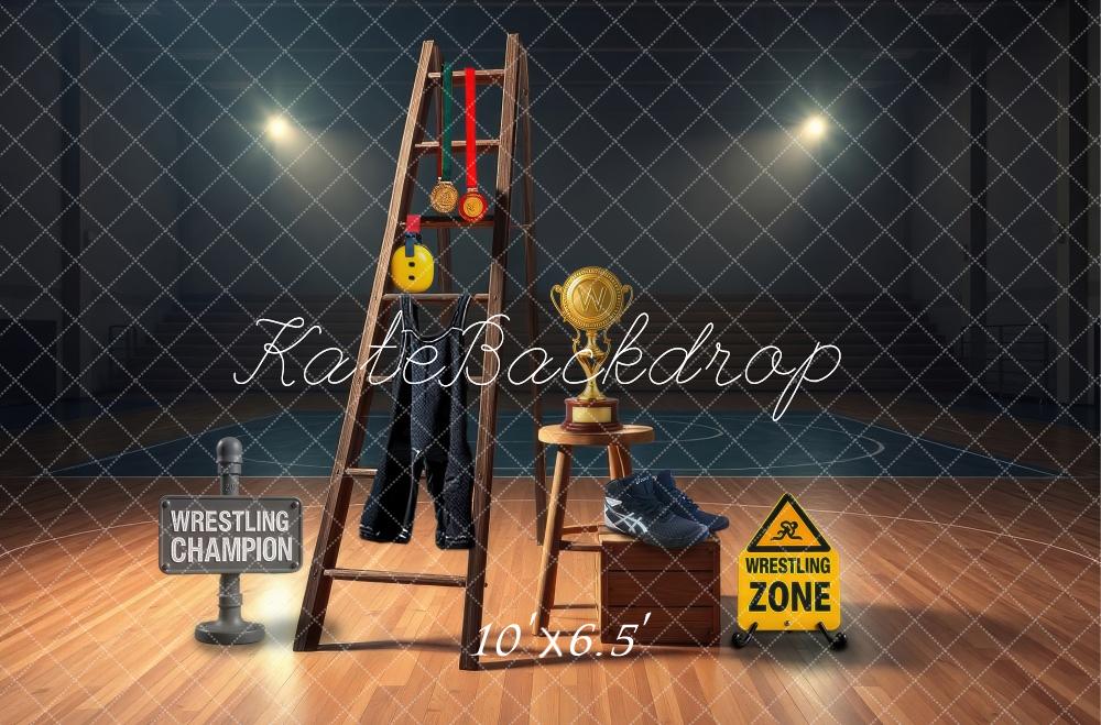 Kate Wrestling Champion Medals Shoes Trophy Gym Backdrop Designed by Laura Bybee - Kate Backdrop AU