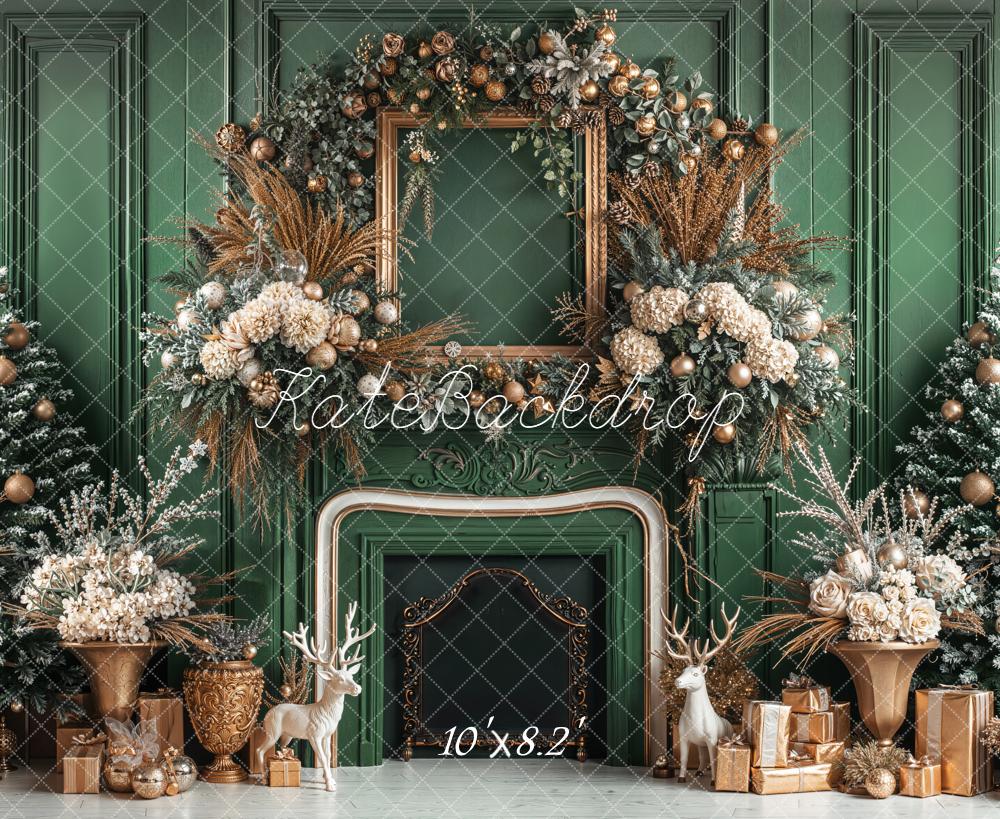 Kate Christmas Green Fireplace Backdrop Designed by Emetselch - Kate Backdrop AU