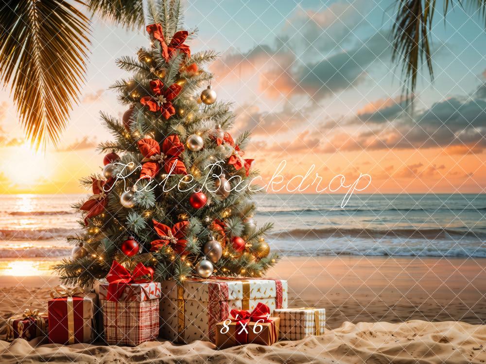 Kate Christmas Tree Presents Beach Sunset Backdrop Designed by Emetselch