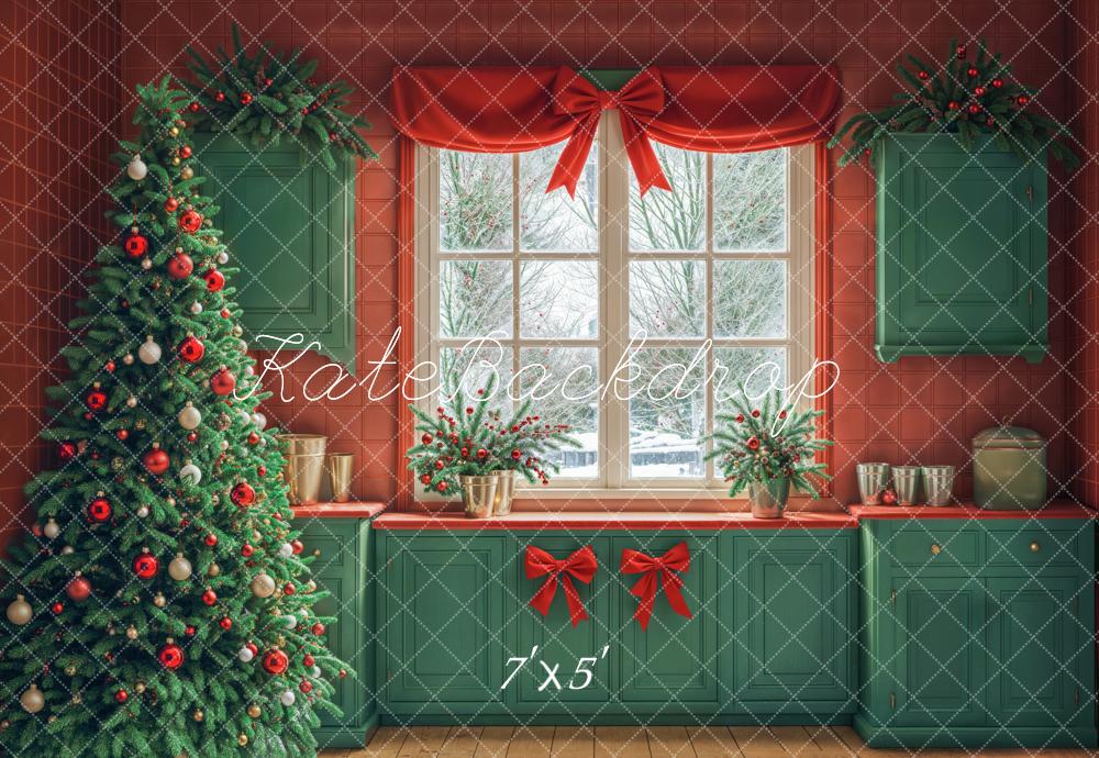 Kate Christmas Tree Window Green Cabinets Backdrop Designed by Emetselch - Kate Backdrop AU