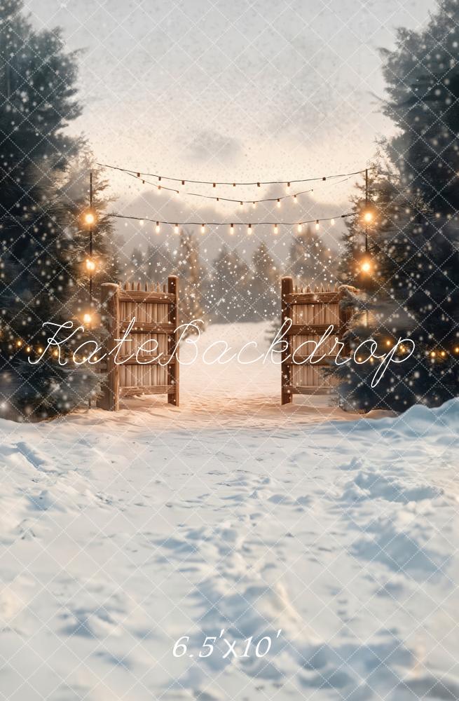Kate Winter Snow Pine Trees Gate Fleece Backdrop Designed by Chain - Kate Backdrop AU