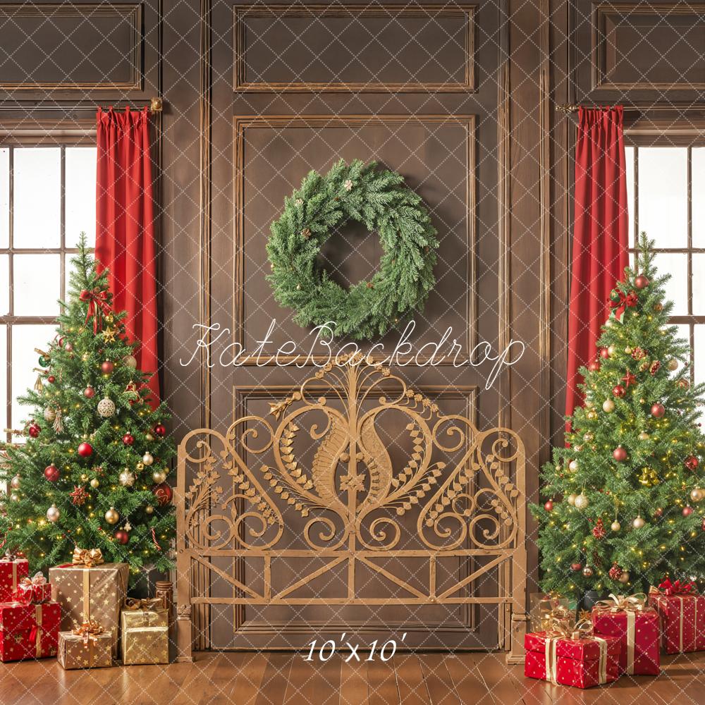 Kate Christmas Trees Wreath Red Curtains Backdrop Designed by Emetselch - Kate Backdrop AU