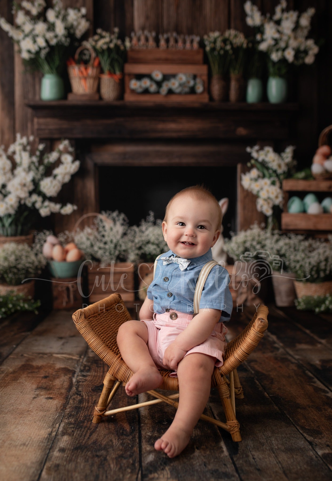 Kate Easter Fireplace Bunny Rustic Floral Backdrop Designed by Emetselch