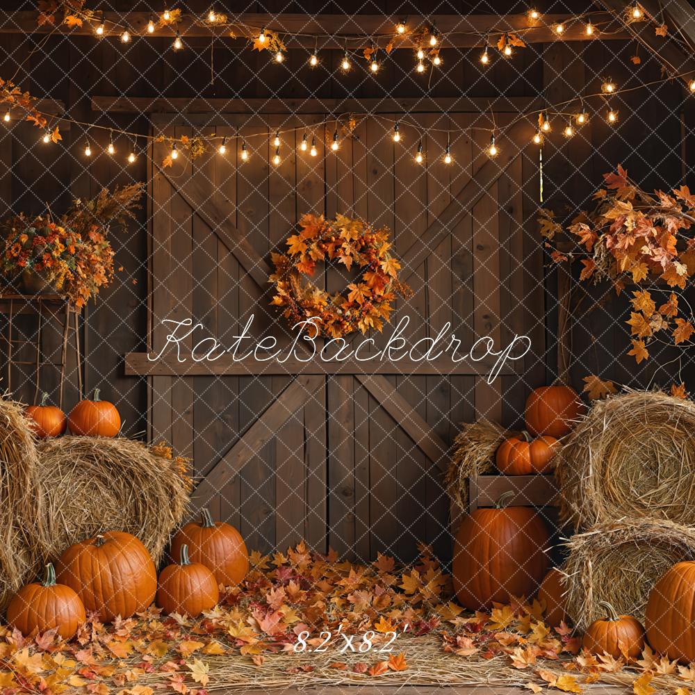 Kate Autumn Pumpkins Hay Lights Backdrop Designed by Emetselch - Kate Backdrop AU