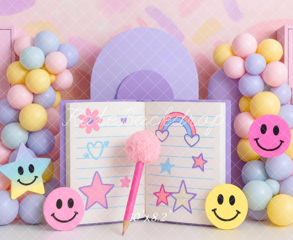 Kate Cake Smash Notebook Balloons Smiley Faces Backdrop Designed by Mini MakeBelieve