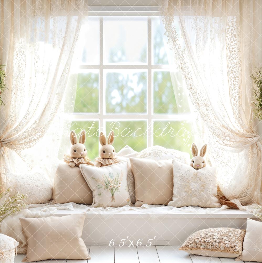 Kate Easter Bunny Window Seat Neutral Wreaths Backdrop Designed by Emetselch