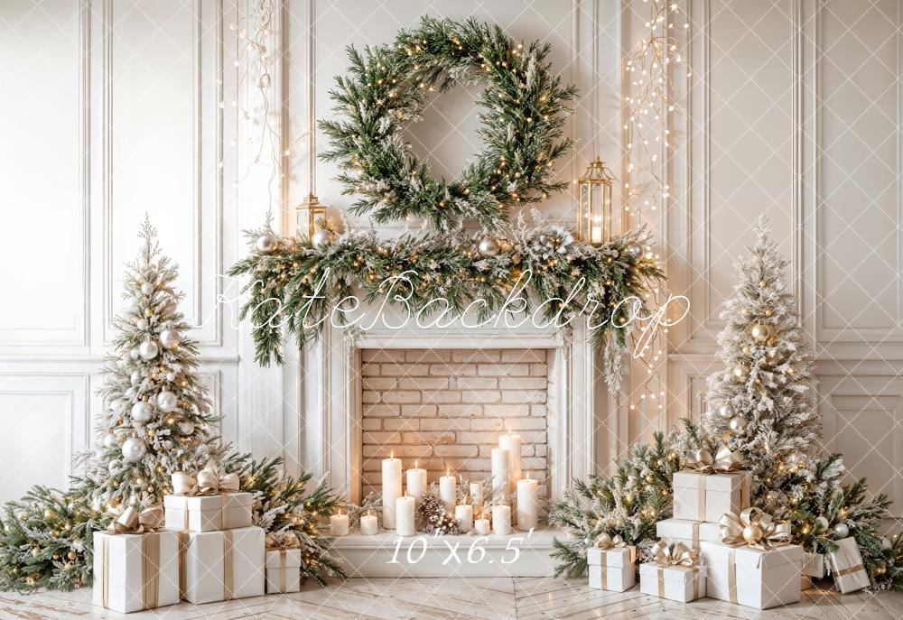 Kate Christmas Fireplace Wreath Trees Fleece Backdrop Designed by Emetselch