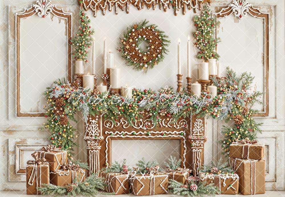 Kate Christmas Gingerbread Fireplace Fleece Backdrop Designed by Emetselch
