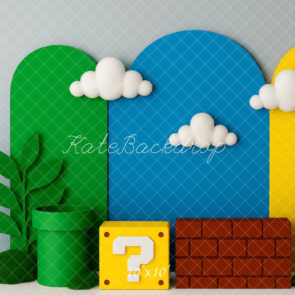Kate Cartoon Game Pipes Clouds Blocks Backdrop Designed by Patty Roberts