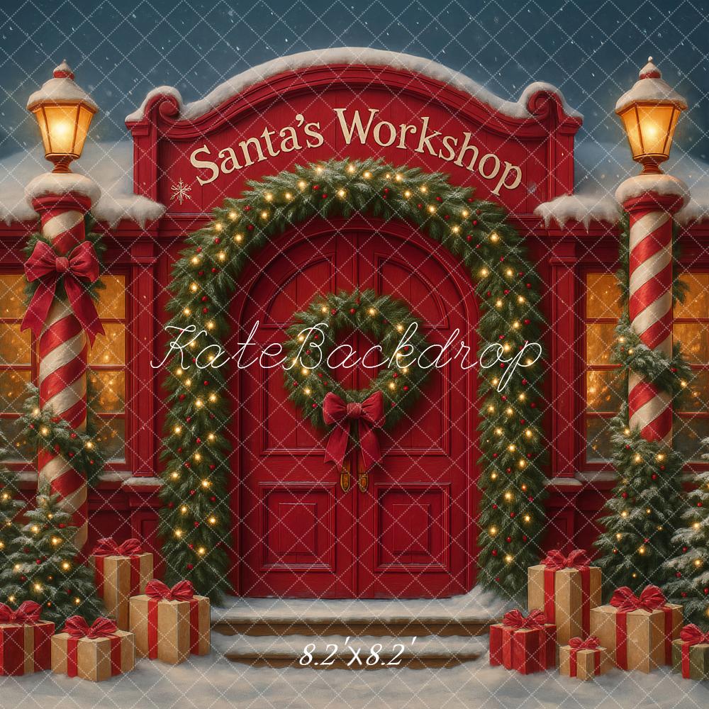 Kate Christmas Santa's Workshop Red Door Backdrop Designed by Ashley Paul