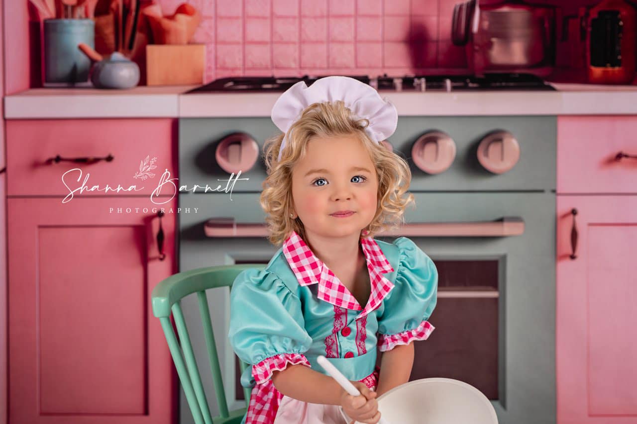 Kate Pink Dollhouse Kitchen Backdrop Designed by Mandy Ringe Photography - Kate Backdrop AU