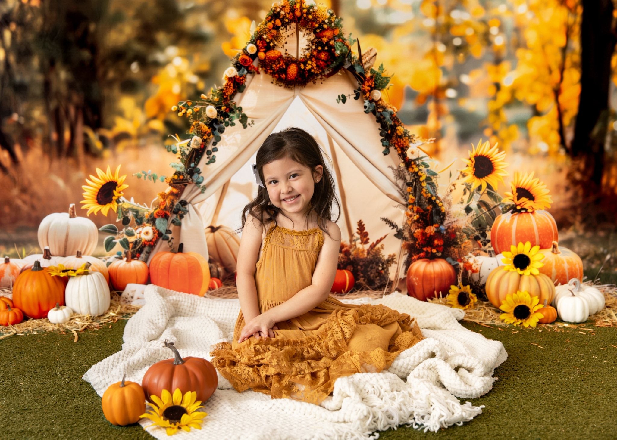 Kate Fall Teepee Pumpkins Sunflowers Backdrop Designed by Patty Roberts
