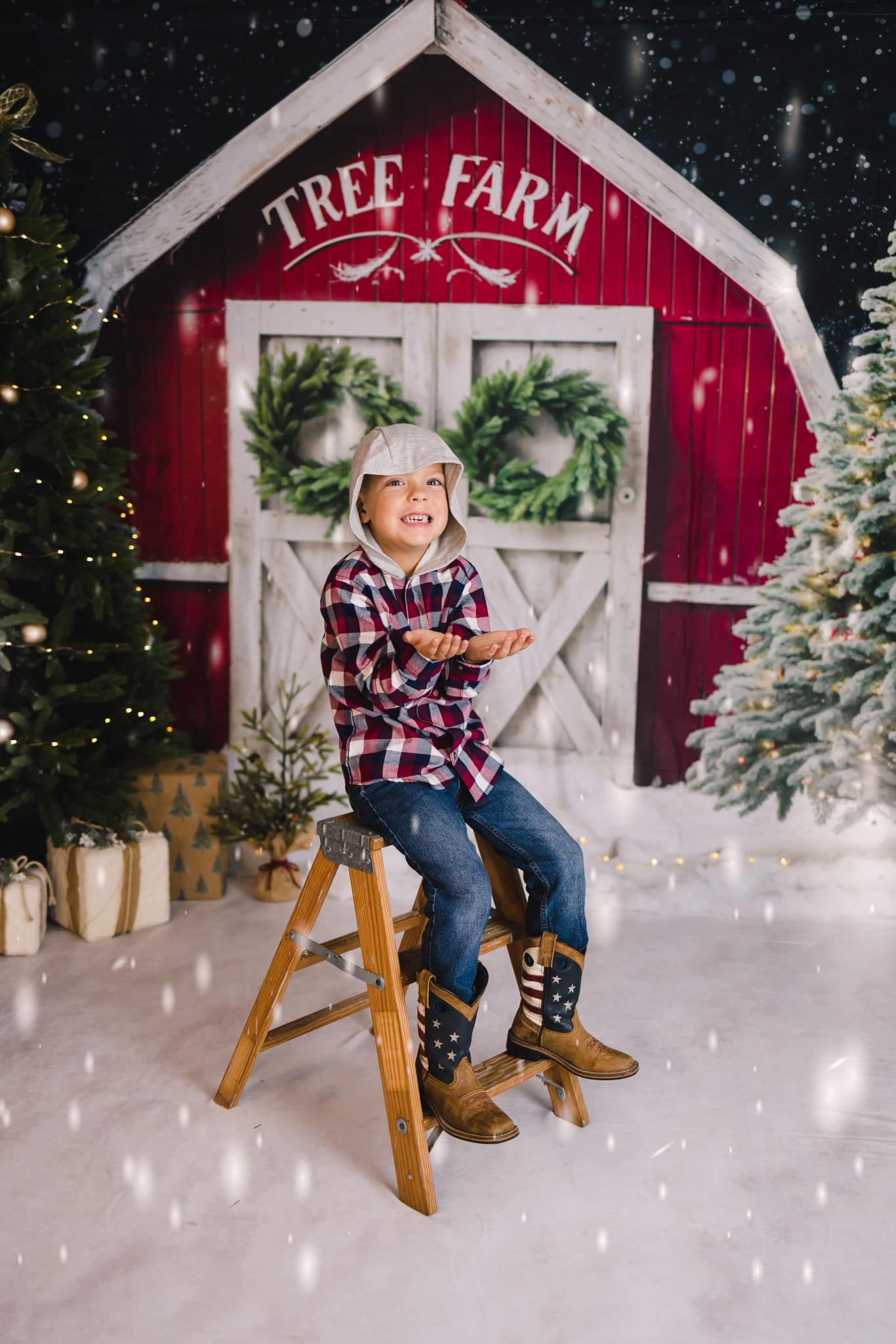 Kate Winter Christmas Tree Farm Backdrop Red Barn Designed by Chain Photography