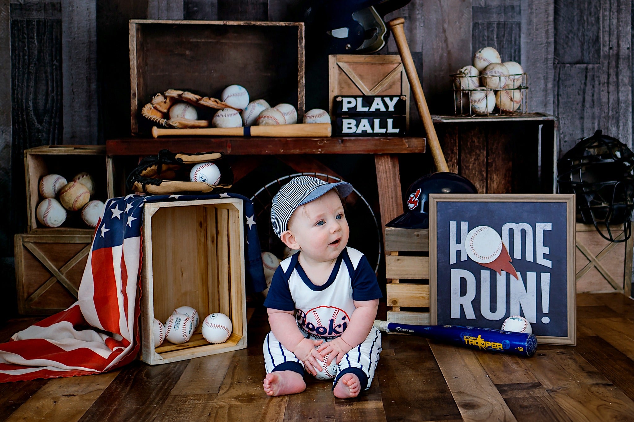 Kate Vintage Baseball Backdrop+Brown Wood Rubber Floor Mat