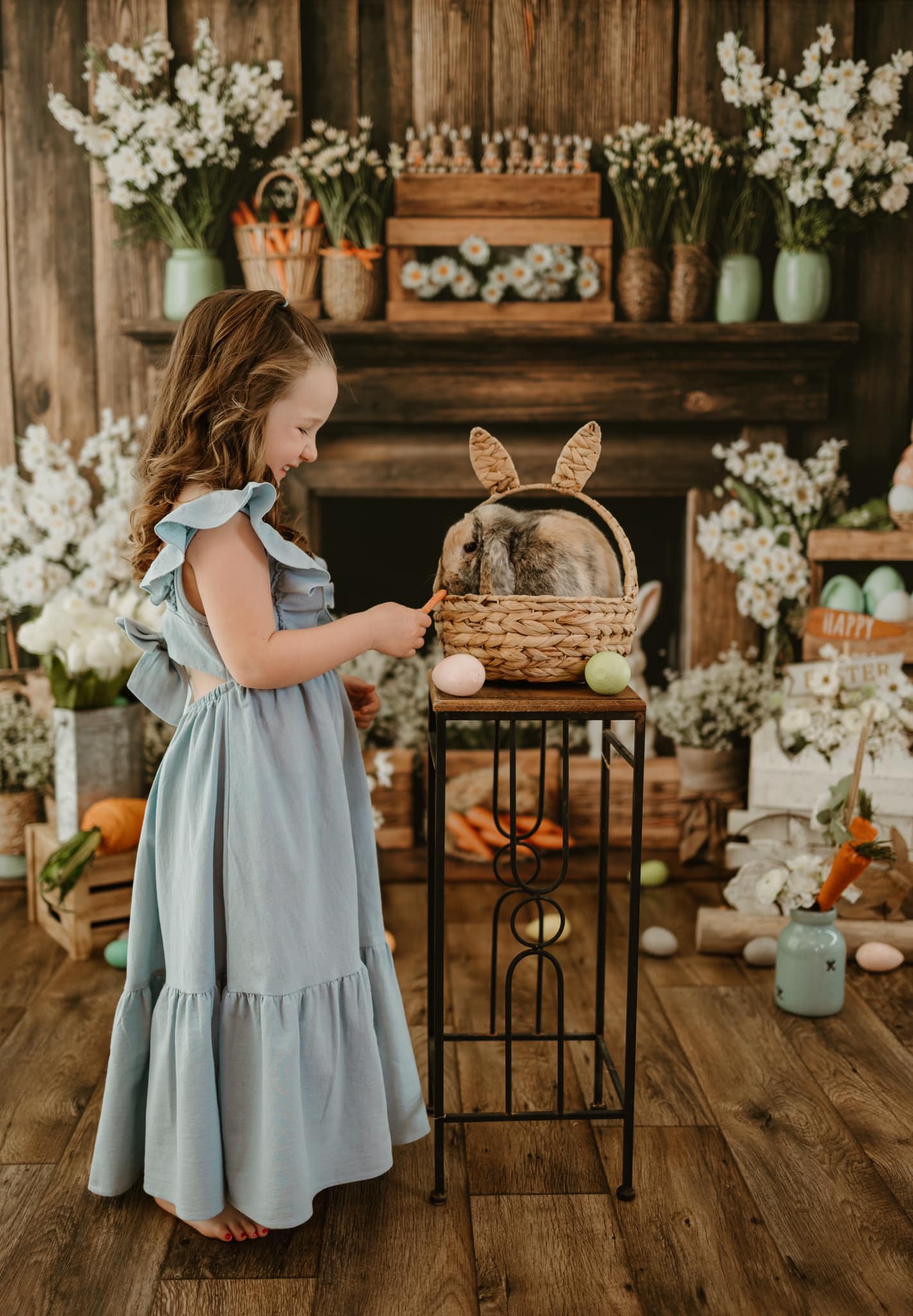 Kate Easter Fireplace Bunny Rustic Floral Backdrop Designed by Emetselch