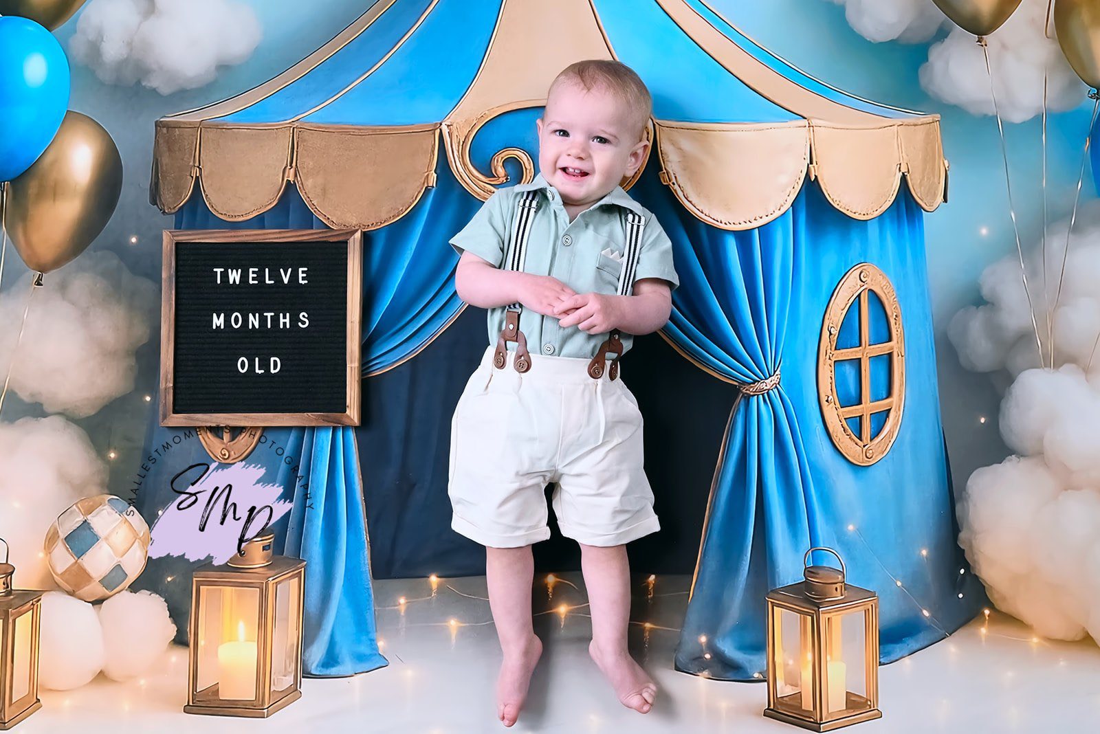 Kate Light Blue Gold Circus Backdrop Designed by Ashley Paul