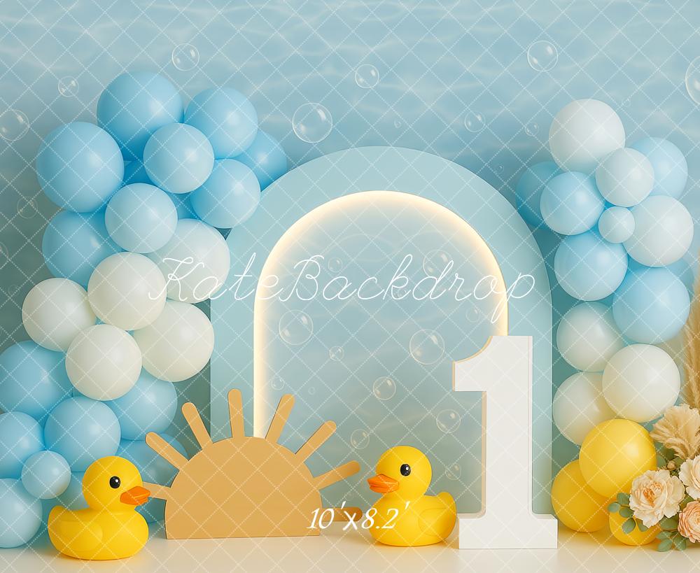 Kate 1st Birthday Blue Balloons Ducks Backdrop Designed by Patty Roberts - Kate Backdrop AU