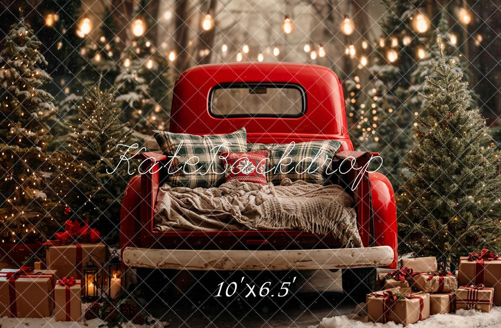 Kate Christmas Red Truck Pine Trees Fleece Backdrop Designed by Chain