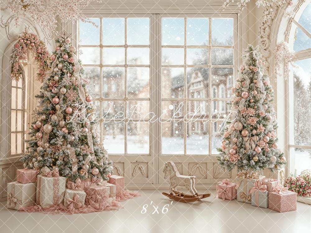 Kate Christmas Trees Window Presents Fleece Backdrop Designed by Emetselch - Kate Backdrop AU