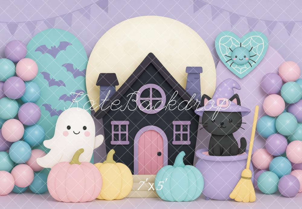 Kate Halloween House Ghost Cat Pumpkins Backdrop Designed by Mini MakeBelieve