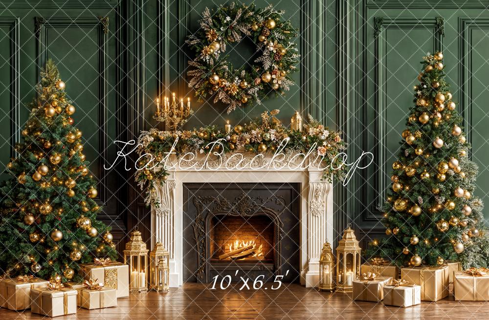 Kate Christmas Trees Fireplace Green Wall Fleece Backdrop Designed by Emetselch - Kate Backdrop AU