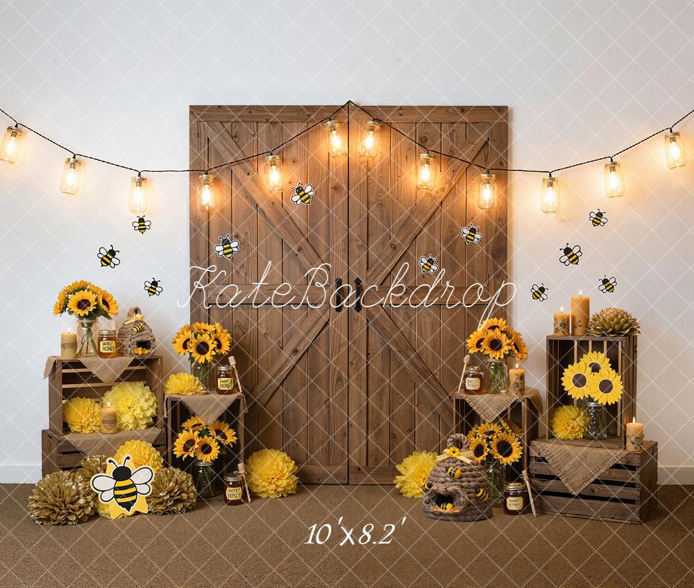 Kate Bee Sunflower Honeycomb Rustic Wood Backdrop Designed by Emetselch