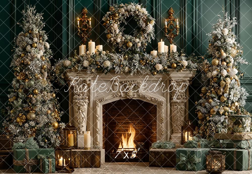 Kate Christmas Fireplace Garland Candles Green Wall Backdrop Designed by Emetselch - Kate Backdrop AU