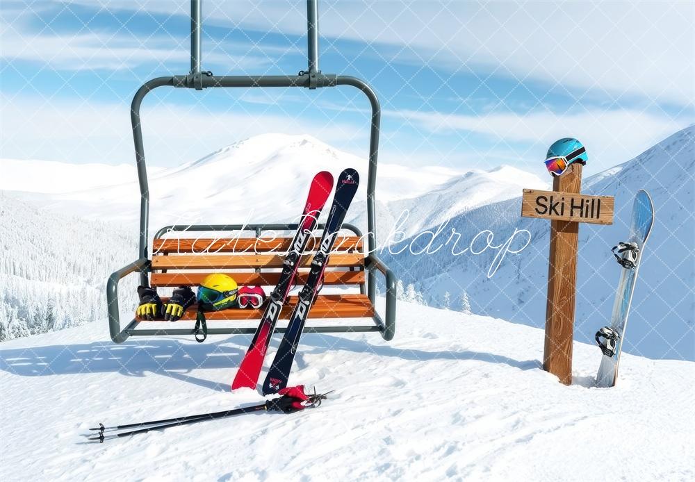 Kate Ski Hill Chairlift Skis Snowy Mountains Backdrop Designed by Laura Bybee - Kate Backdrop AU