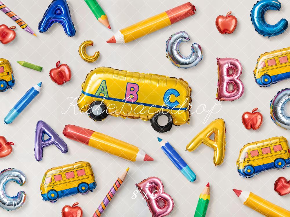 Kate Back to School Bus Balloons Pencils Apples Backdrop Designed by Emetselch