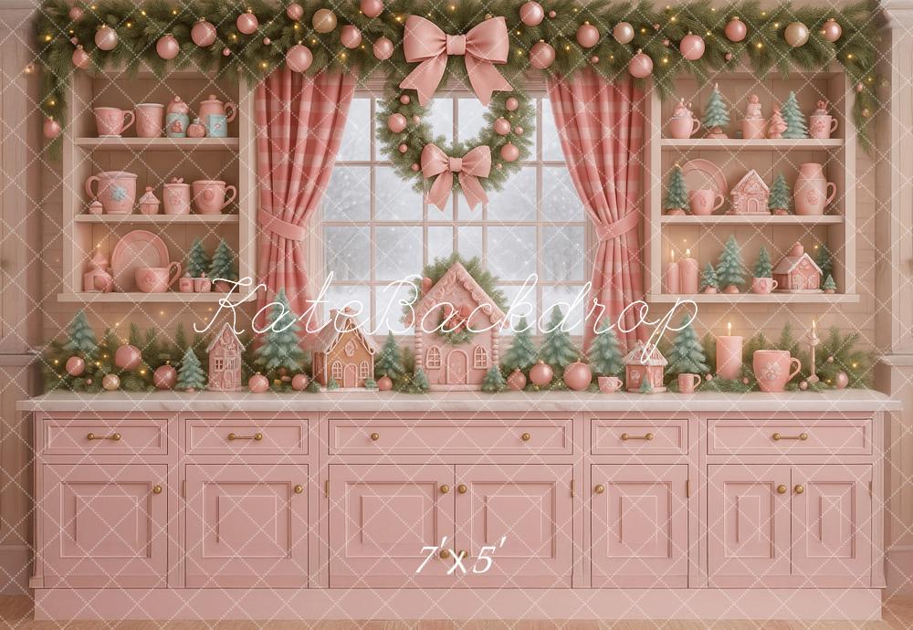 Lightning Deals-C1 Kate Christmas Pink Kitchen Gingerbread Backdrop Designed by Ashley Paul