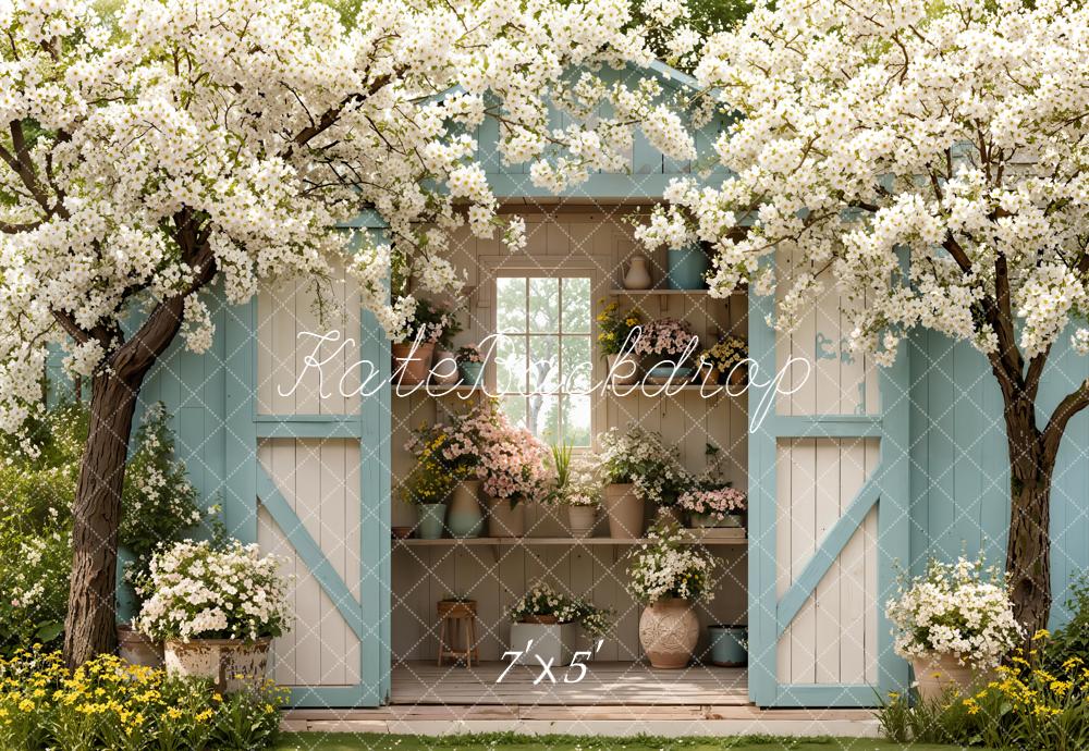 Kate Spring Garden Blue Shed Blossom Trees Backdrop Designed by Emetselch