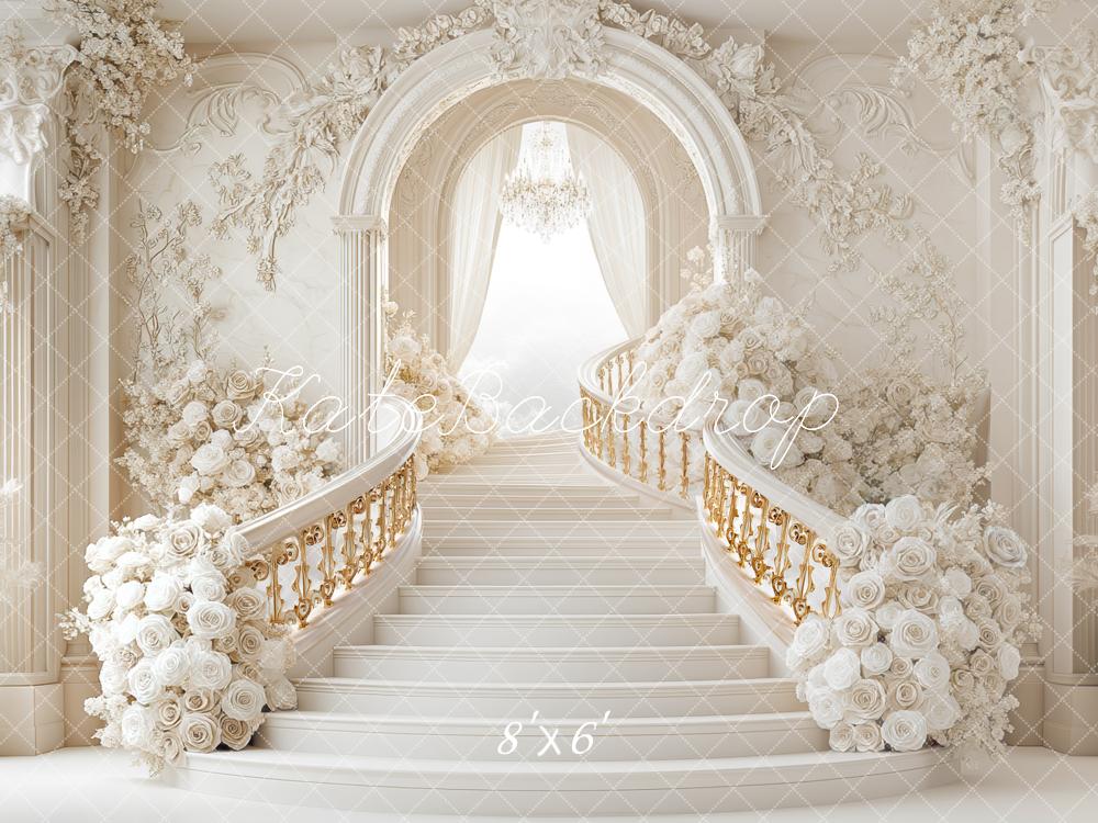 Kate Cascading Stairs Floral Arch White Backdrop Designed by Mini MakeBelieve - Kate Backdrop AU