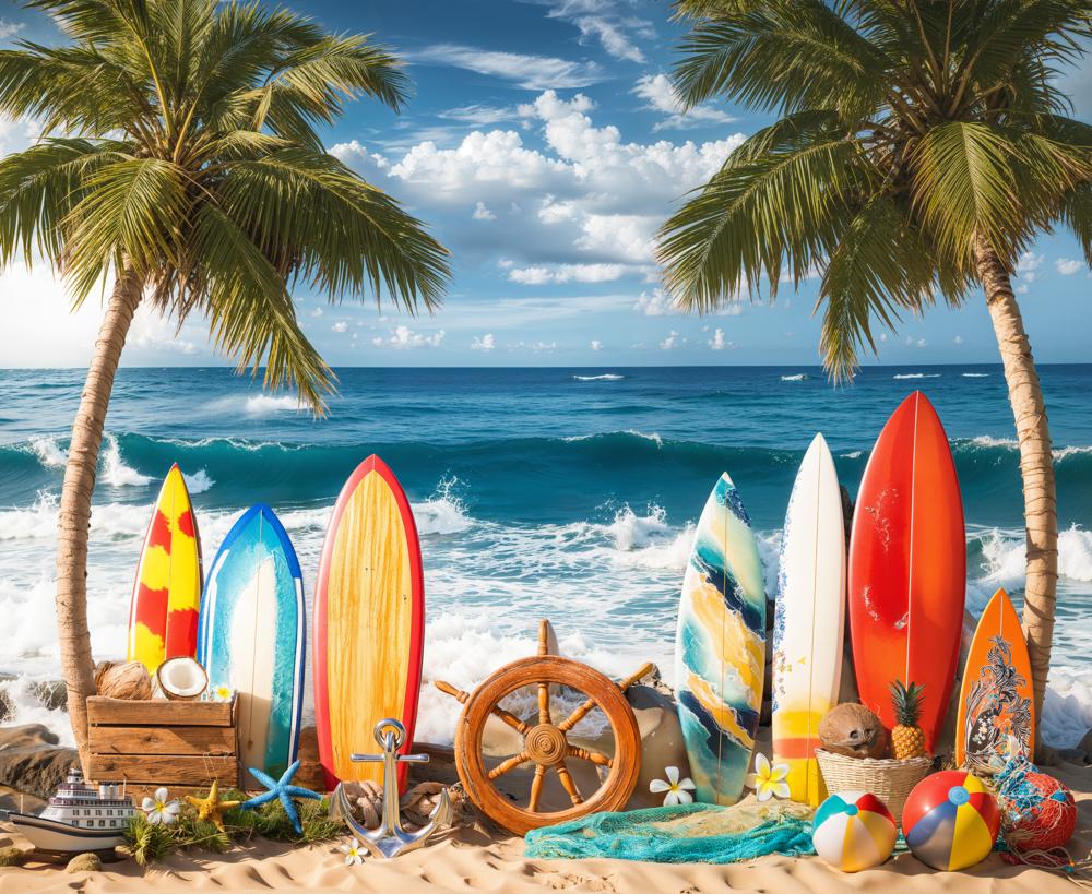 Kate Summer Beach Surfboards Palm Trees Backdrop Designed by Emetselch