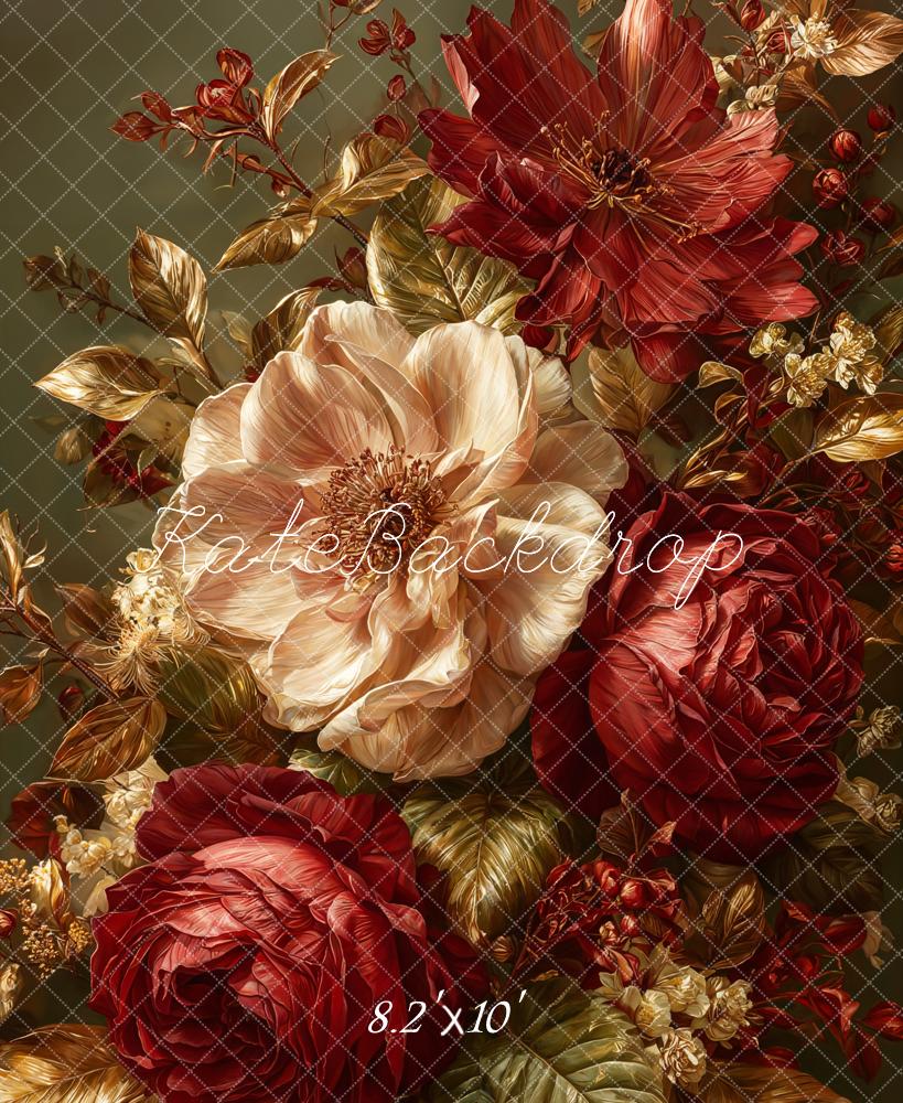 Kate Red Gold Flowers Leaves Backdrop Designed by GQ