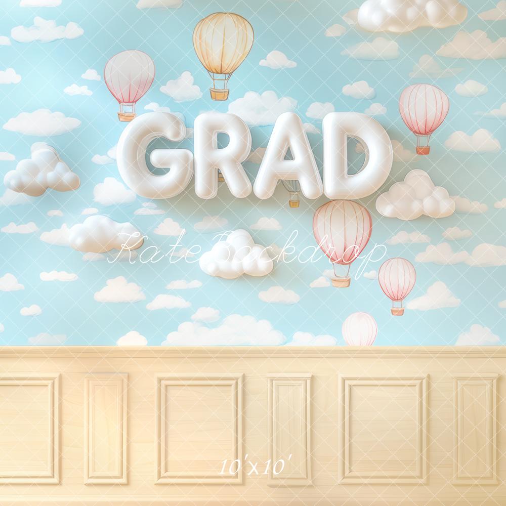 Kate Grad Hot Air Balloons Clouds Blue Backdrop Designed by Mini MakeBelieve