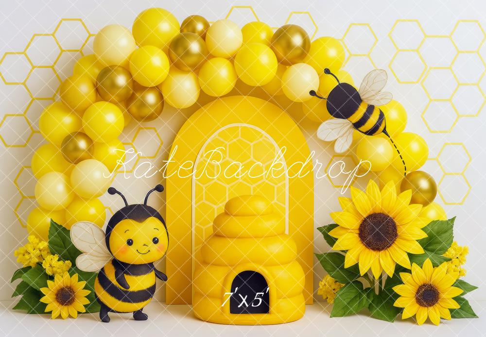 Kate Bee Hive Sunflowers Balloons Cake Smash Backdrop Designed by Mini MakeBelieve