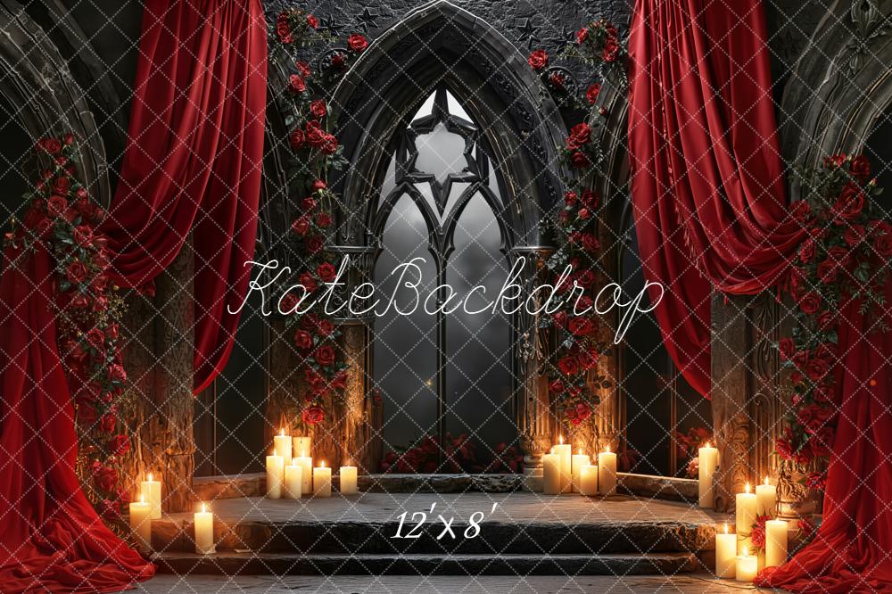 Kate Gothic Window Red Drapes Roses Candles Fleece Backdrop Designed by Emetselch
