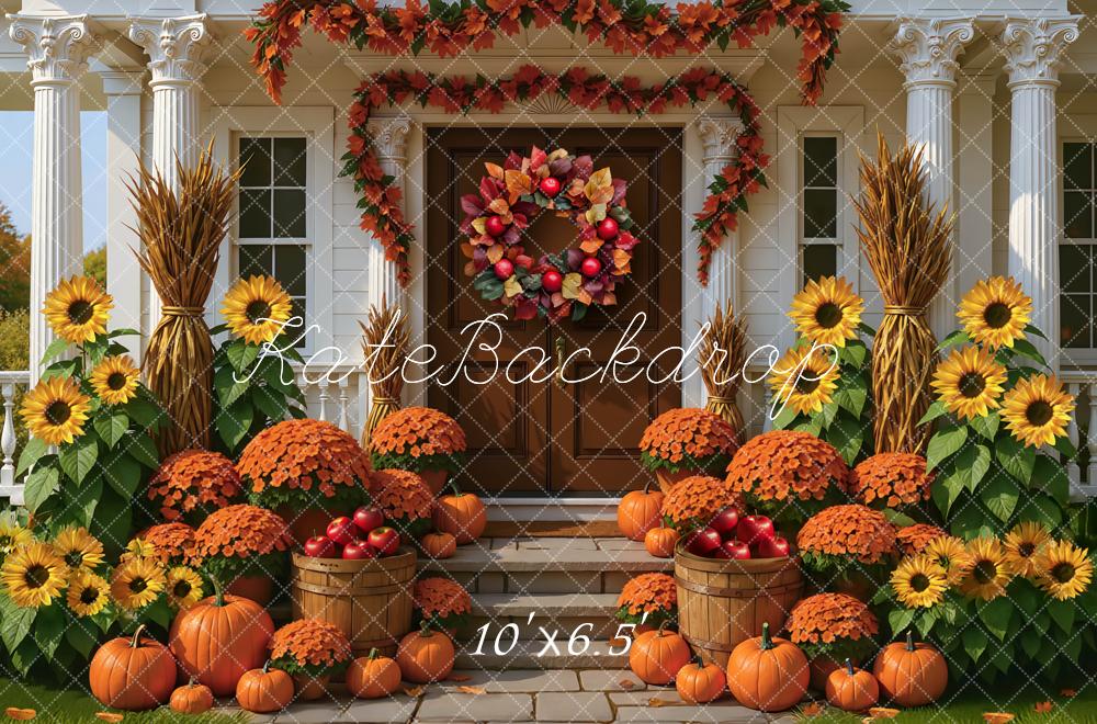 Kate Fall Porch Sunflowers Pumpkins Backdrop Designed by Mini MakeBelieve - Kate Backdrop AU