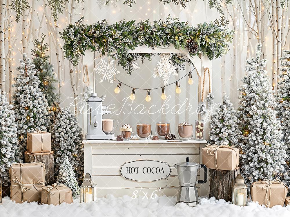 Kate Christmas Hot Cocoa Snowy Trees Gifts Fleece Backdrop Designed by Emetselch - Kate Backdrop AU