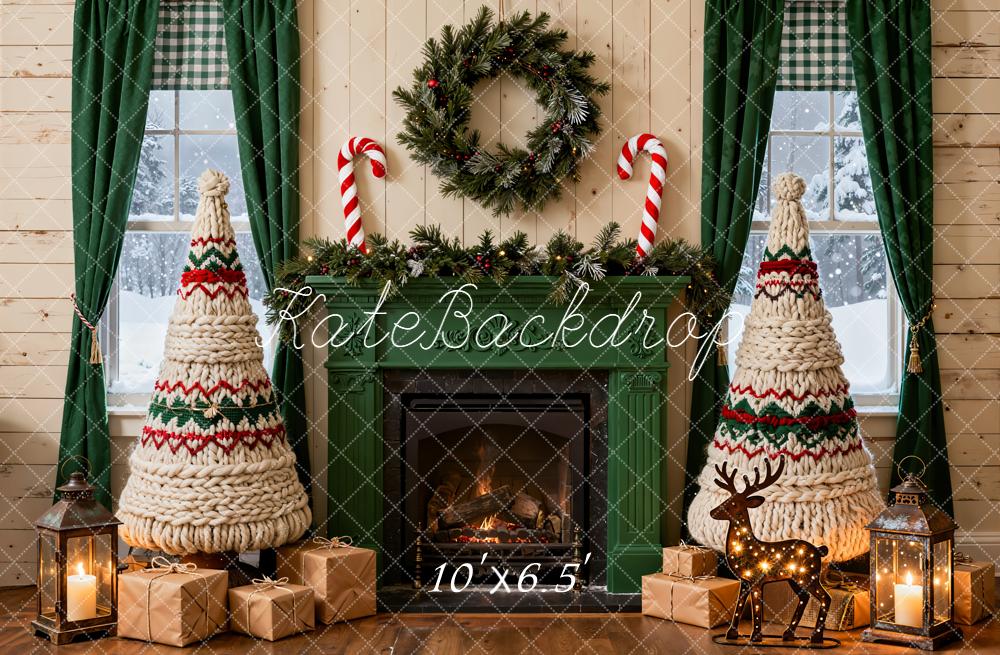 Kate Christmas Fireplace Knitted Trees Wreath Backdrop Designed by Emetselch