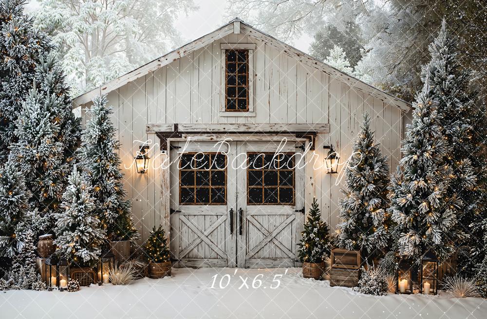 Kate Christmas Snowy Barn Pine Trees Fleece Backdrop Designed by Chain